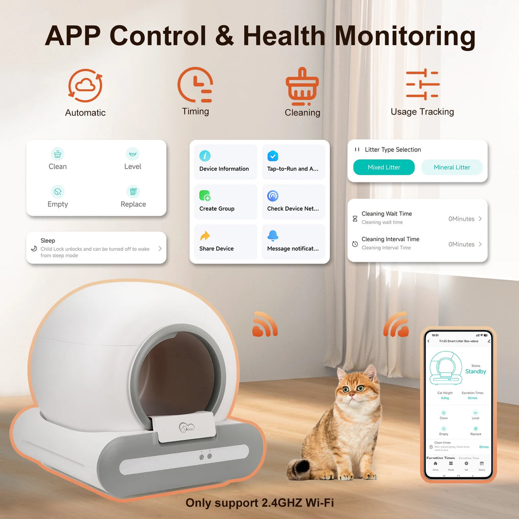 65L Self-Cleaning Litter Box, App Control, With Mat And Trash Bags