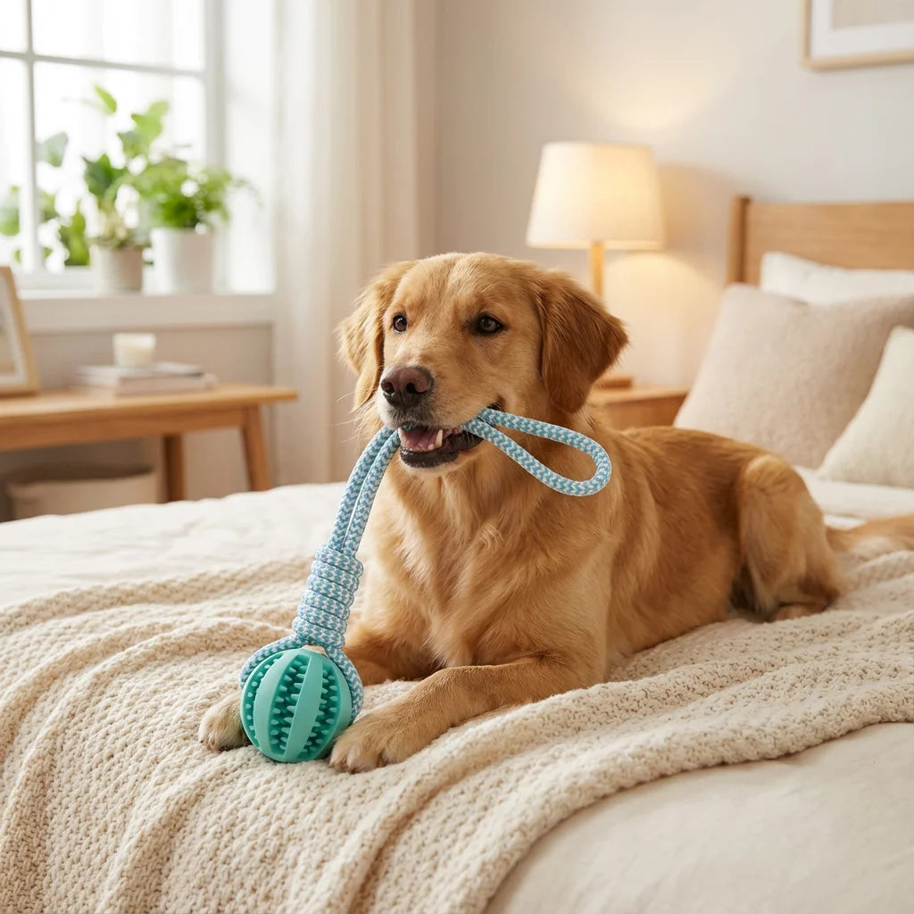 Cotton Rope & Rubber Dog Chew Ball, Treat Dispenser, Durable, Teething