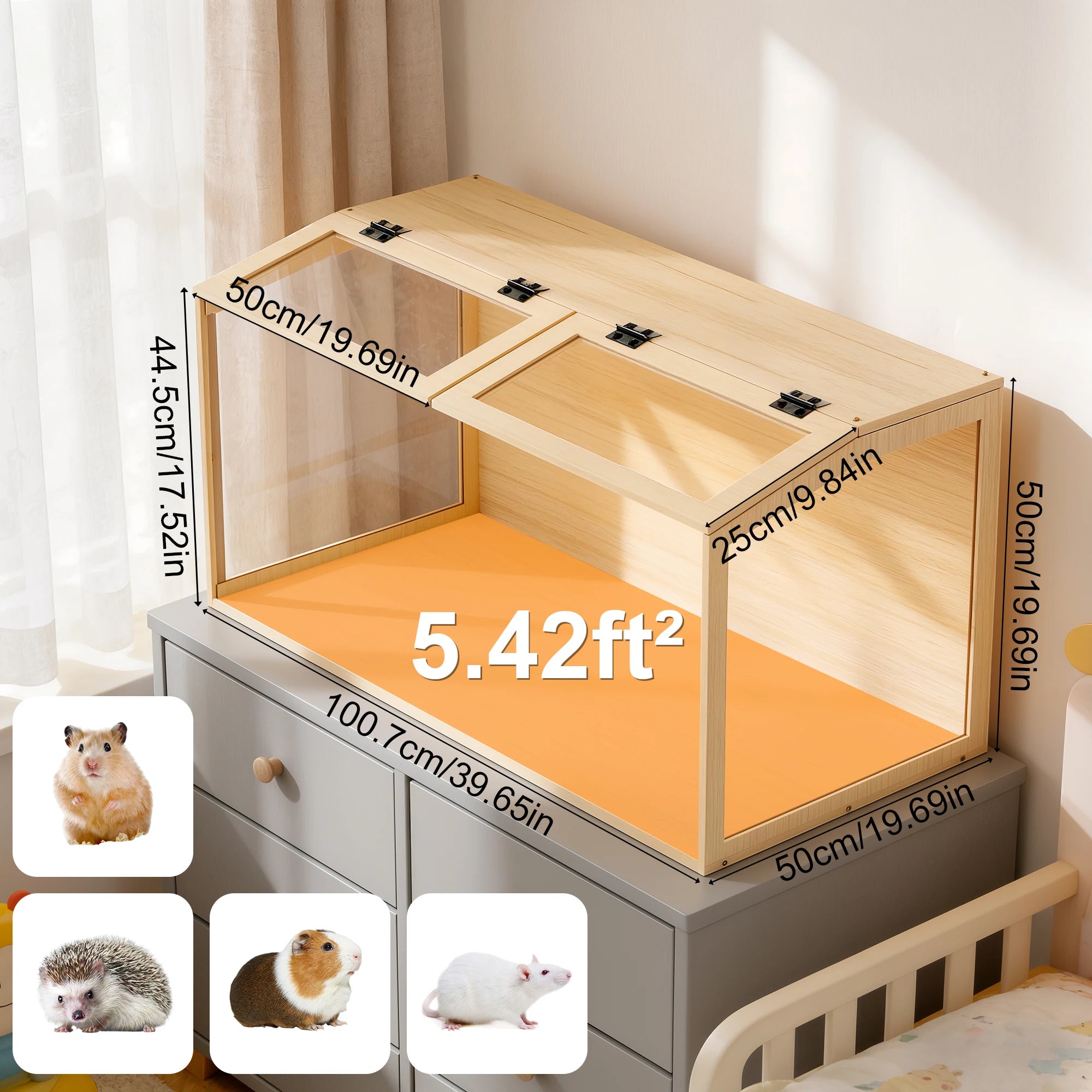 Hamster Cage, Tempered Glass, LED Light, Openable Roof
