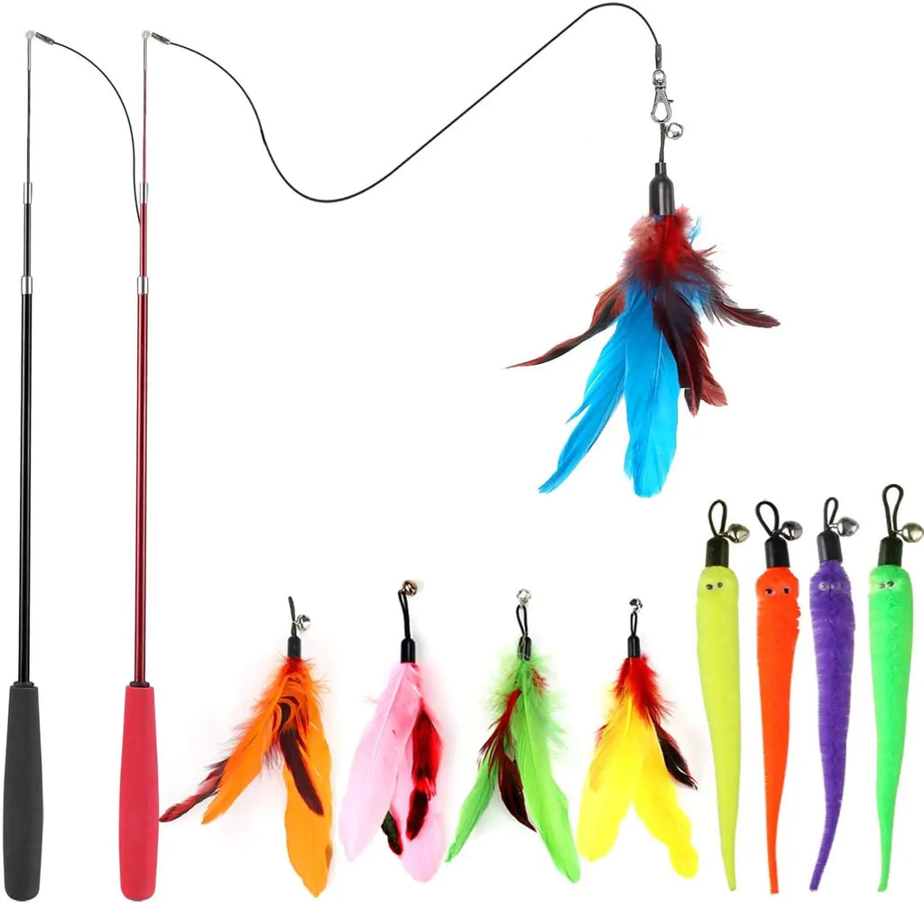 Cat Toys, Interactive, 2PCS, Retractable Wand Toy,  9PCS Feather Refills