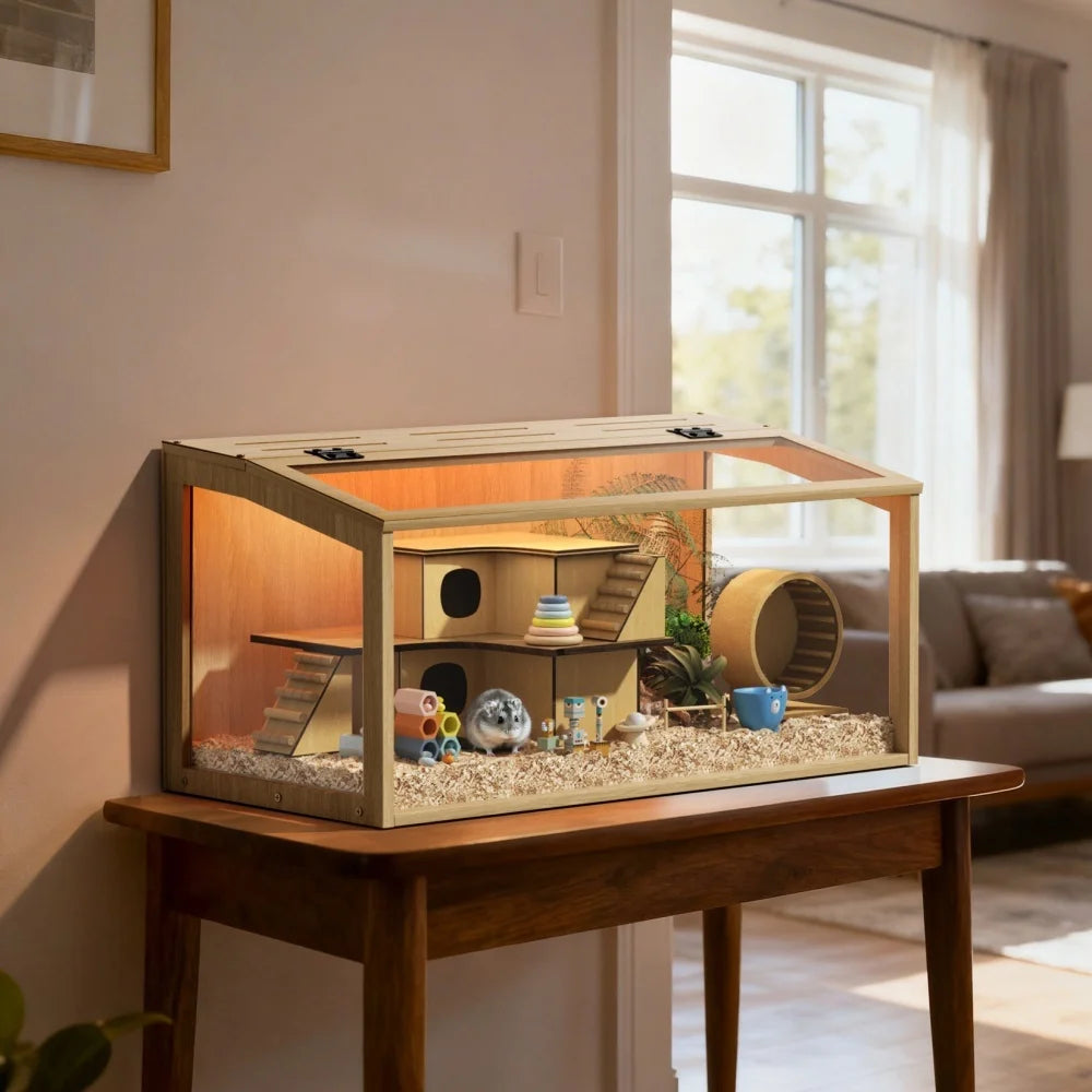 Hamster Cage, Tempered Glass, LED Light, Openable Roof