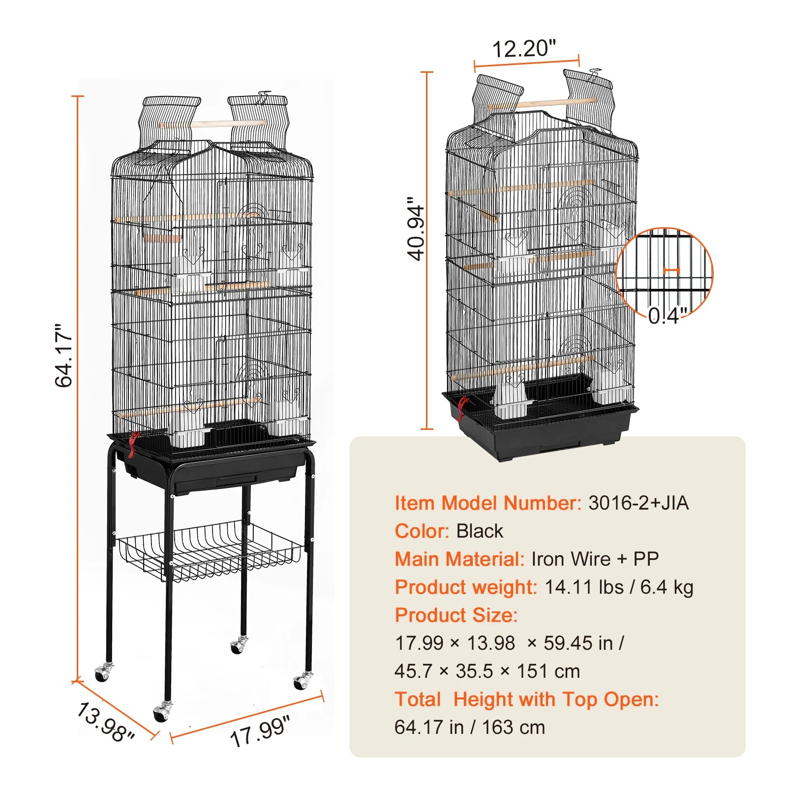 Open Top Bird Cage, Swing and Perch