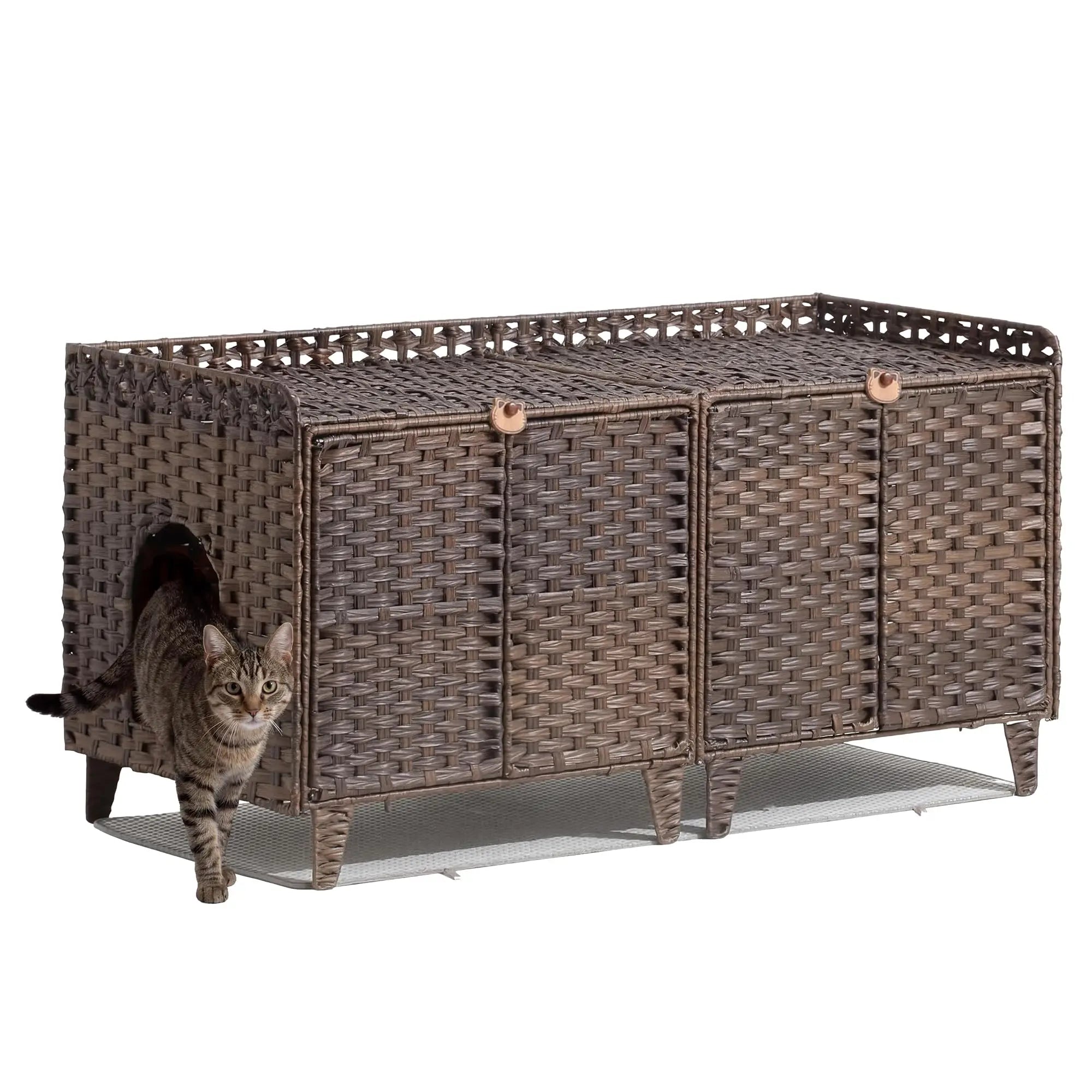 Large Rattan Litter Box Enclosure, 2 Doors, Litter Mat