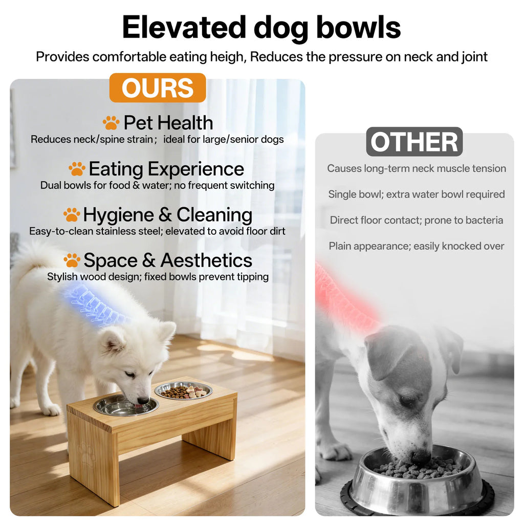 Double Bowls, Raised, For Medium-Large Dogs, Stainless Steel