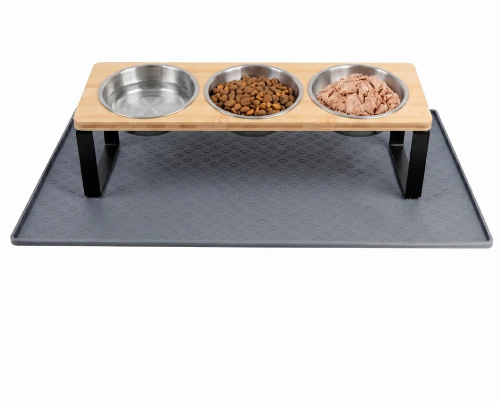 3 Bowl Elevated Cat Feeder, Tilted, Bamboo & Iron Stand Stainless Steel, Silicone Mat