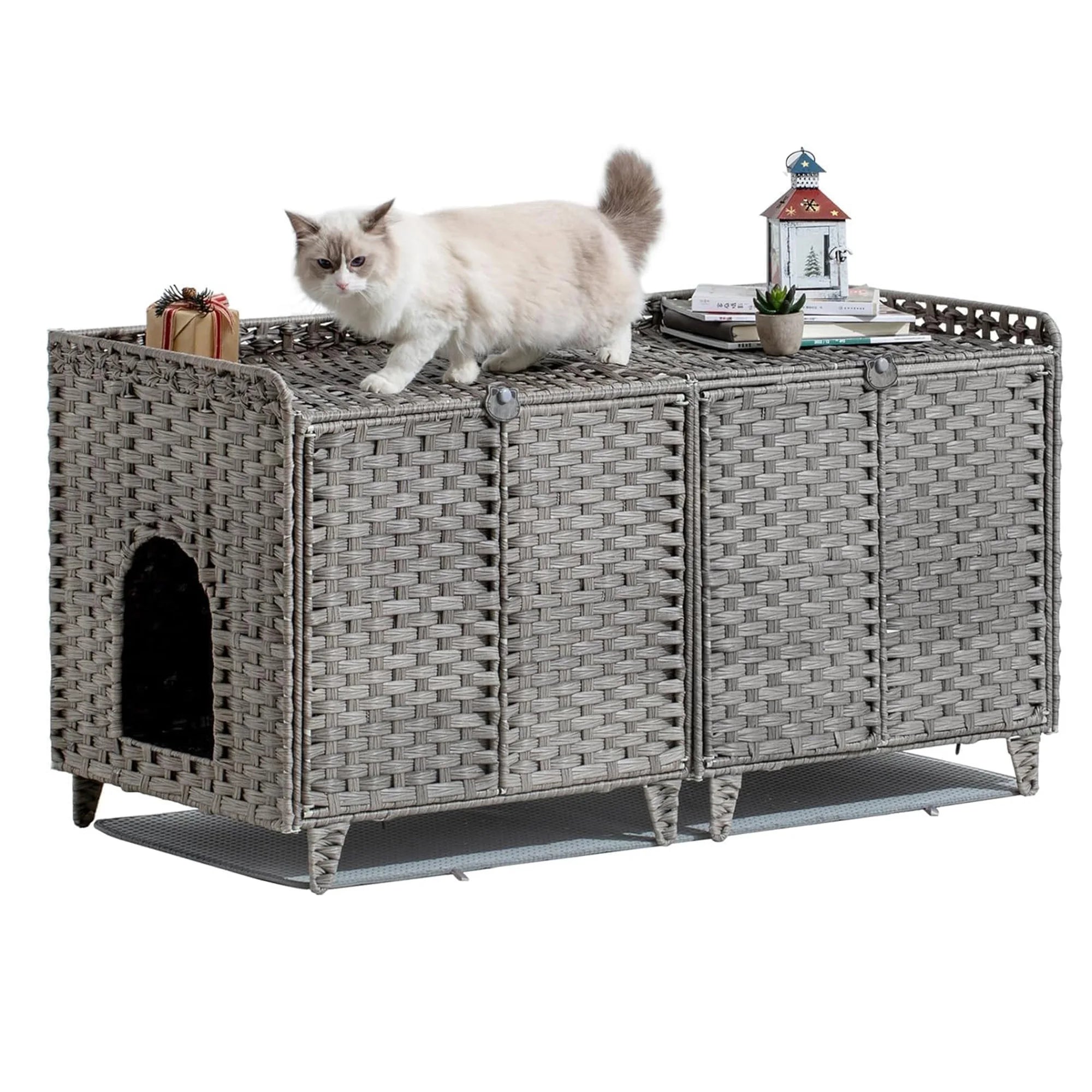 Large Rattan Litter Box Enclosure, 2 Doors, Litter Mat
