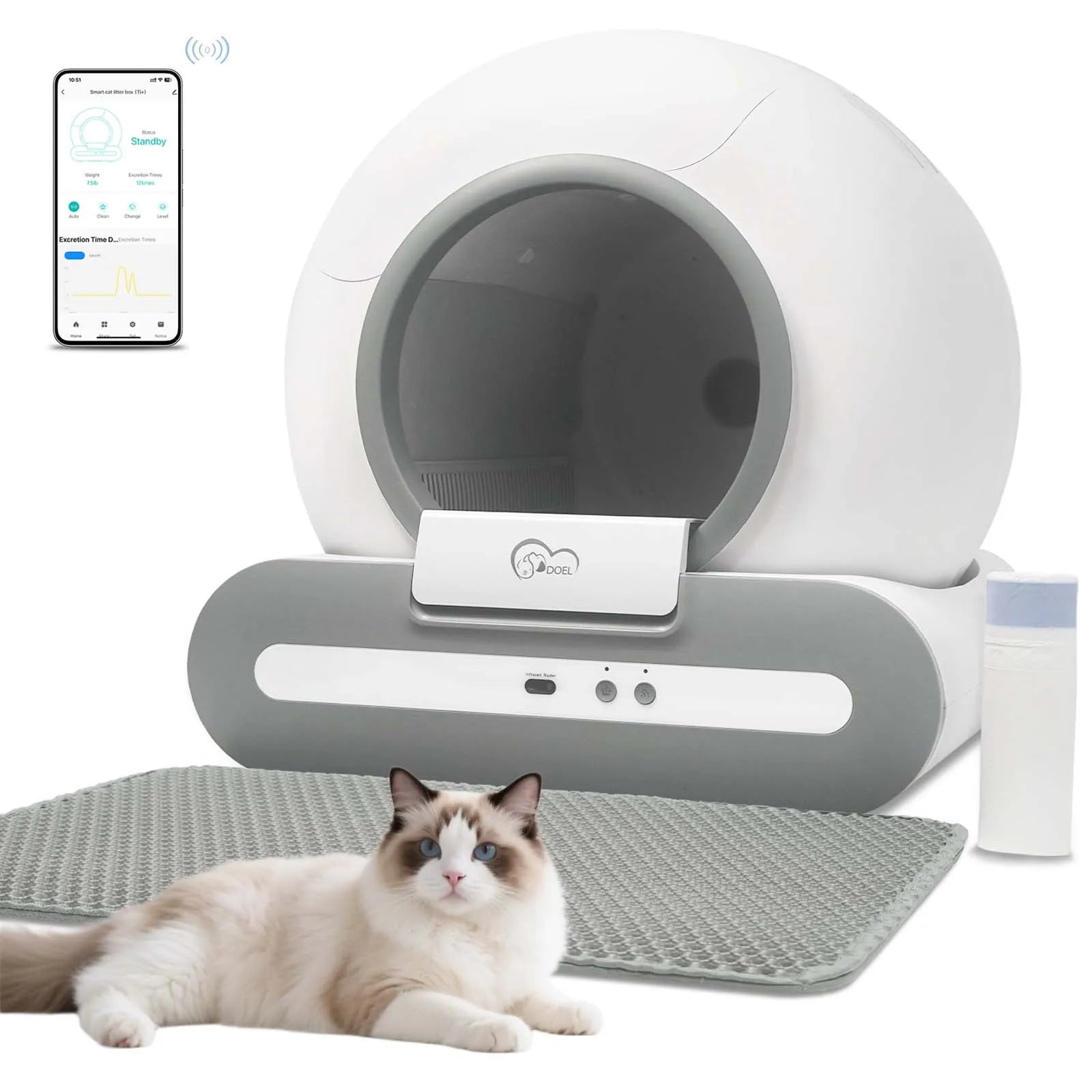 65L Self-Cleaning Litter Box, App Control, With Mat And Trash Bags
