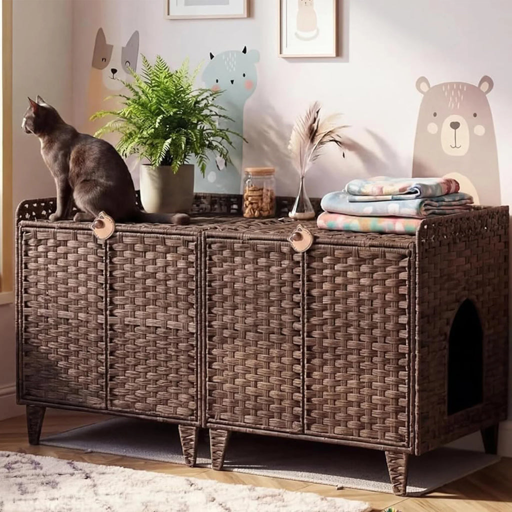 Large Rattan Litter Box Enclosure, 2 Doors, Litter Mat