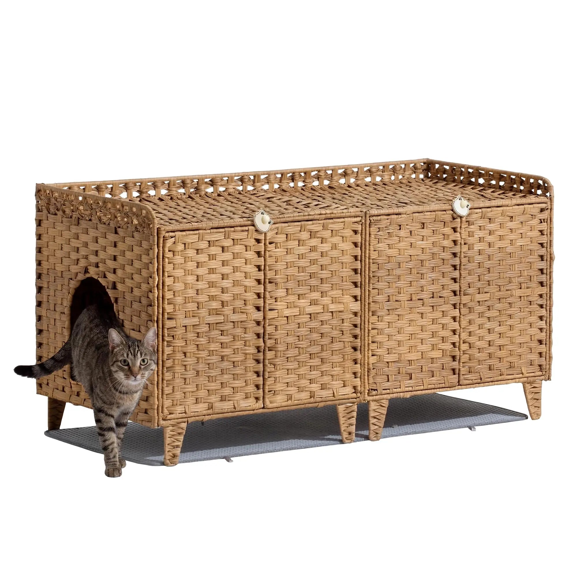 Large Rattan Litter Box Enclosure, 2 Doors, Litter Mat