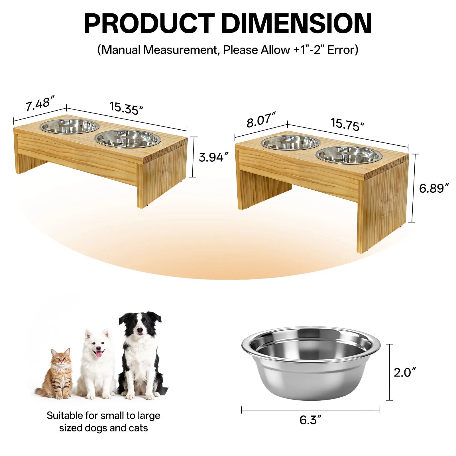 Double Bowls, Raised, For Medium-Large Dogs, Stainless Steel
