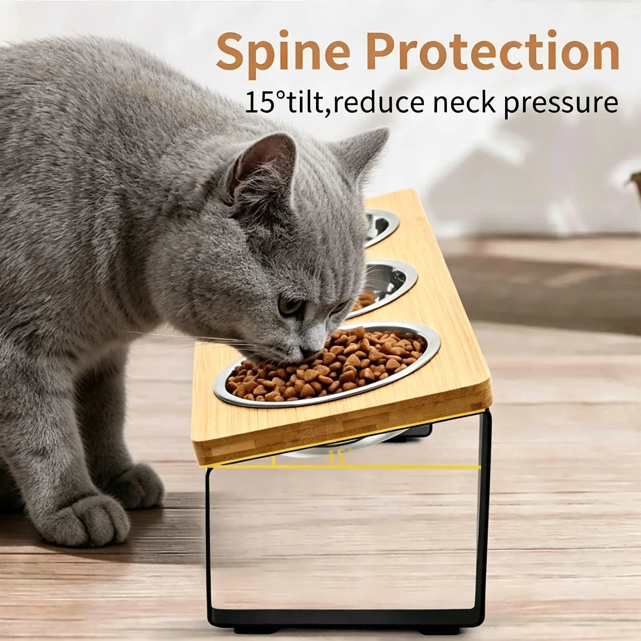 3 Bowl Elevated Cat Feeder, Tilted, Bamboo & Iron Stand Stainless Steel, Silicone Mat