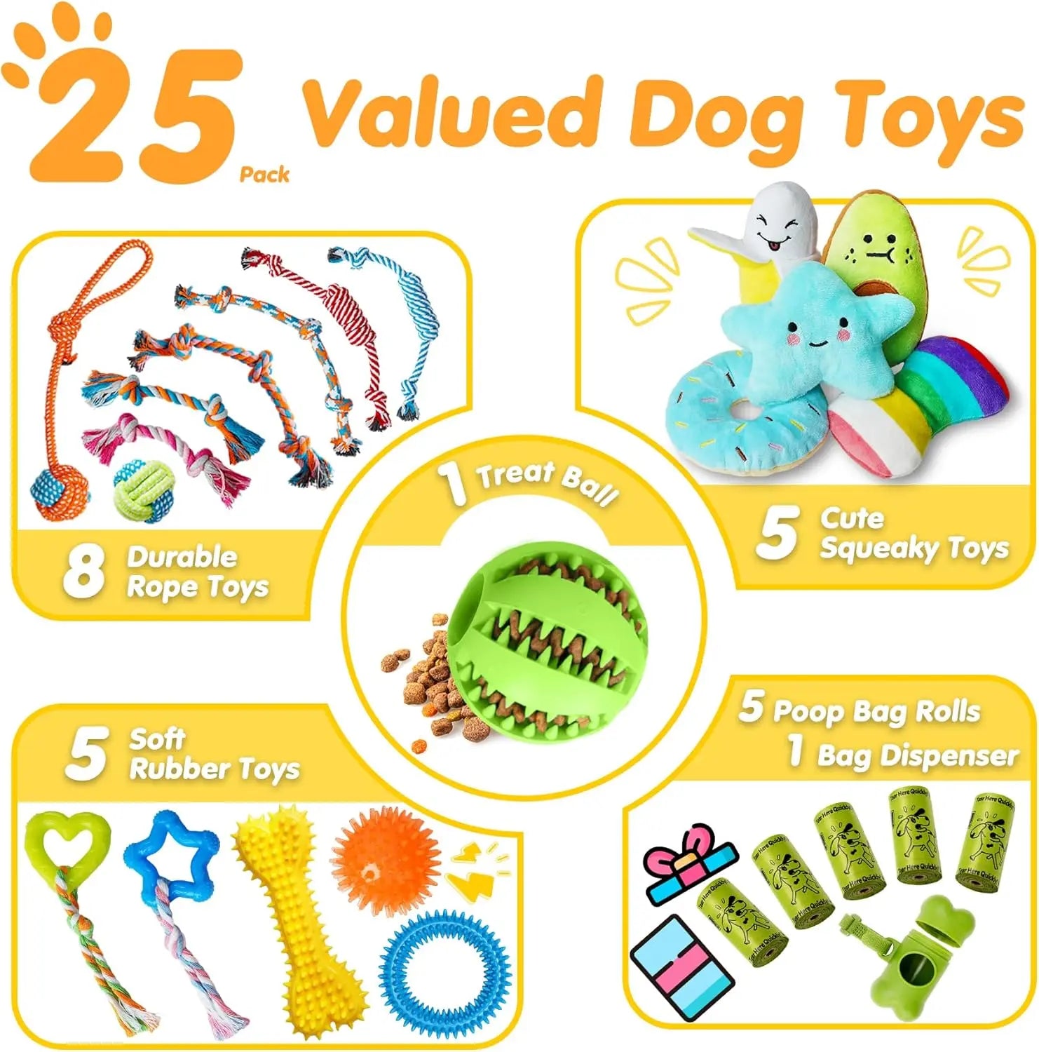 25 Pack Chew Toys For Puppies/Dogs, Ropes, Treats, Squeaky with Ropes, Treat Ball and Squeaks
