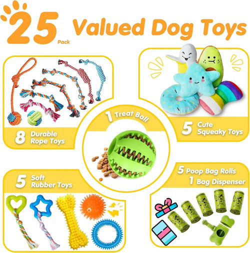 25 Pack Chew Toys For Puppies/Dogs, Ropes, Treats, Squeaky with Ropes, Treat Ball and Squeaks